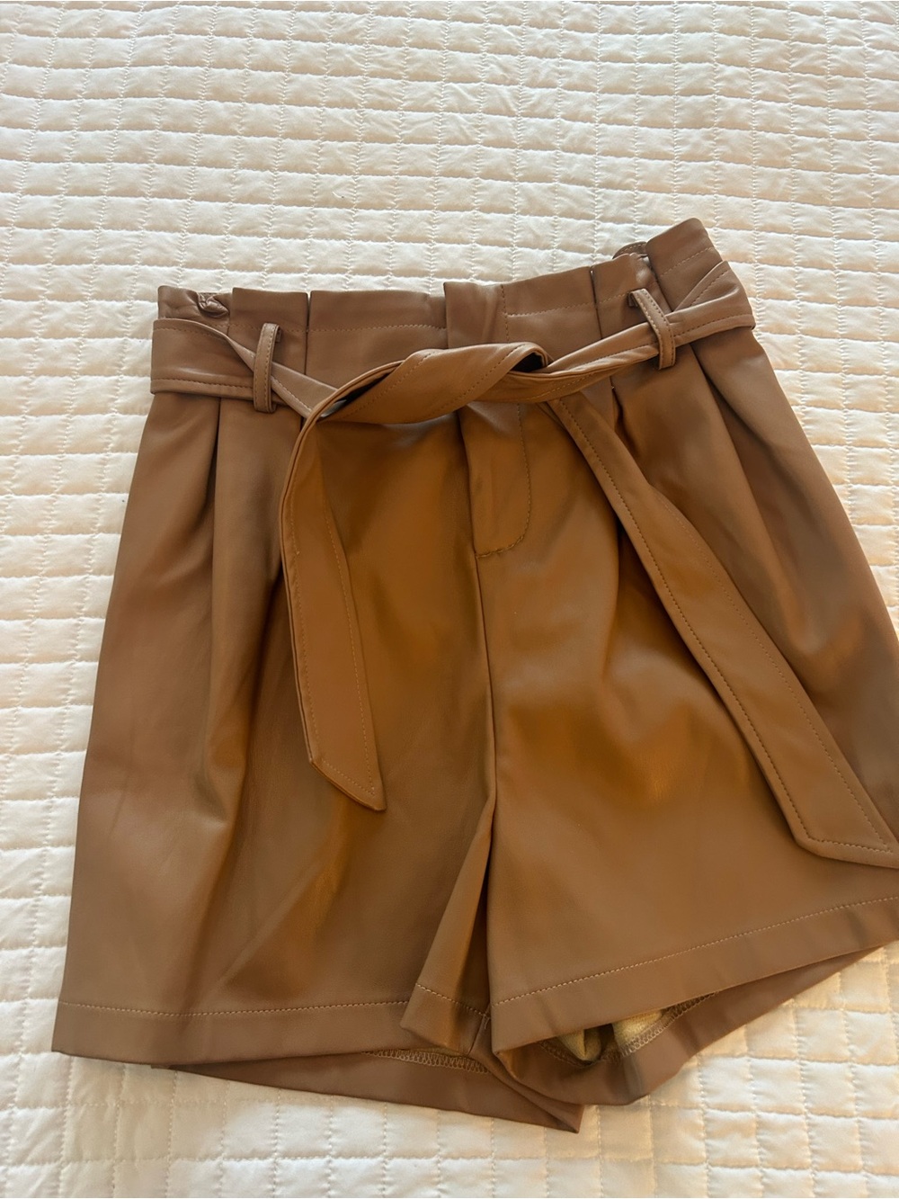 High-Waist Faux Leather Paperbag Shorts in Tan